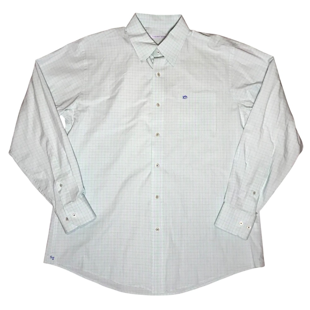 Southern Tide Mens Large Mint Green Purple Plaid Long Sleeve Button Down Shirt